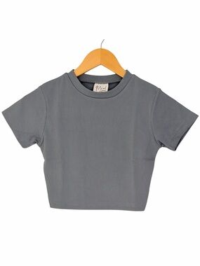 Mood Women’s Small Blue Gray Ribbed Fitted Crop Top Short Sleeve Casual Baby Tee
